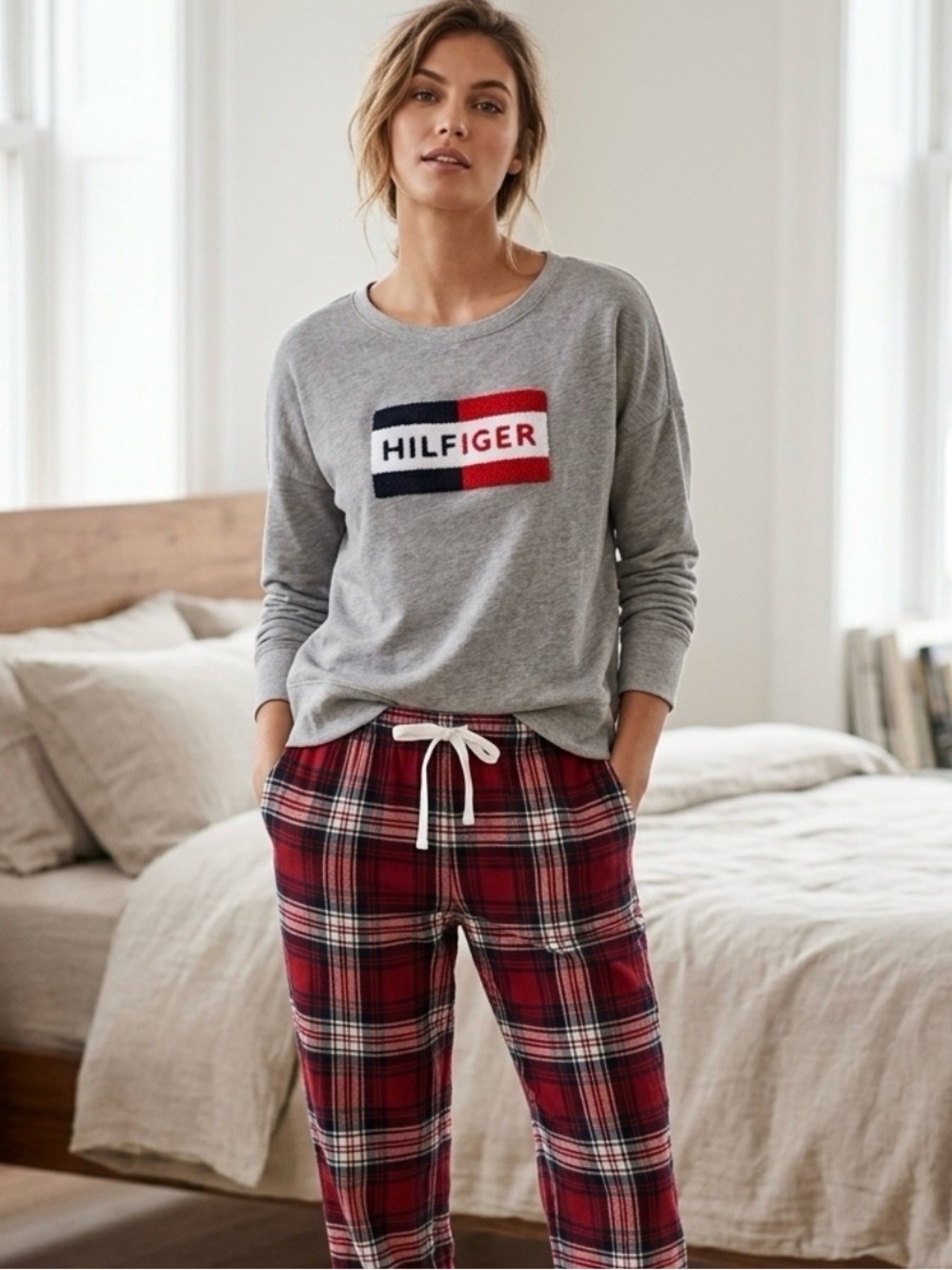 Tommy Hilfiger M Gray Logo Sleepwear Shirt Loungewear Quiet Luxury Cabincore